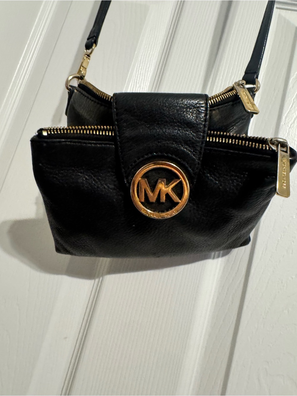 Michael Kors Black Leather Crossbody with Gold MK Medallion